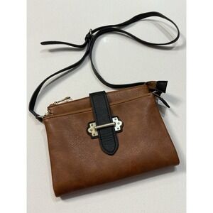 Vtg Brown Black‎ Crossbody Bag Purse Faux Leather Build-in Wallet